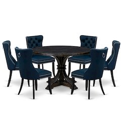7 Piece Dining Table Set Includes 48" Round Table In Navy Blue Color