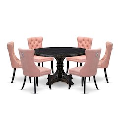 7 Piece Dining Set Contains 54" Round Kitchen Table In Beige Red Color