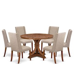 7-Piece Dining Room Set A Dinning Table, 6 Light Tan Linen Fabric Dining Chairs