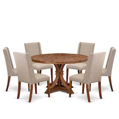 7-Piece Mid-Centrury Dining Set A Wood Table, 6 Light Tan Fabric Parsons Chair