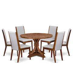 7-Pc Dining Room Set Of A Pedestal Kitchen Table, 6 Grey Fabric Dinner Chairs