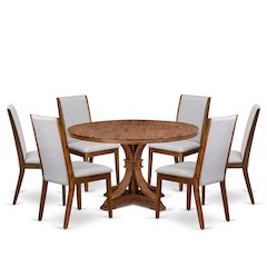 7-Pc Mid-Century Kitchen Set Of A Pedestal Table, 6 Grey Fabric Kitchen Chairs