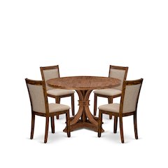 5-Pc Kitchen Set A Pedestal Dining Table, 4 Light Tan Linen Fabric Padded Chairs