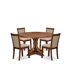 5-Pc Dining Room Set A Pedestal Round Table, 4 Light Tan Fabric Padded Chairs