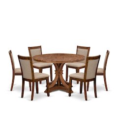 7-Pc Dining Room Set Of A Pedestal Dining Table, 6 Light Tan Parson Chairs