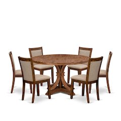 7-Pc Dining Set Of A Pedestal Dining Table, 6 Light Tan Fabric Dining Chairs