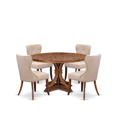 5-Pc Dining Set Of A Pedestal Kitchen Table, 4 Light Tan Fabric Kitchen Chairs