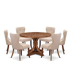 7 Piece Dinette Set Includes 48" Round Table In Light Tan Color