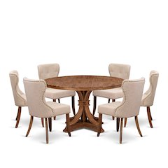 7-Pc Kitchen Table Set A Pedestal Table, 6 Light Tan Linen Fabric Parson Chairs