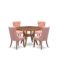 5-Pc Dinner Table Set Contain A Wooden Table And 4 Beige Red Upholstered Chairs