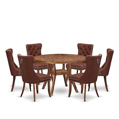 7-Pc Dining Room Set Include A Modern Table And 6 Burgundy Upholstered Chairs