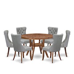 7-Pc Mid Century Dining Set Include A Modern Table, 6 Light Gray Padded Chairs