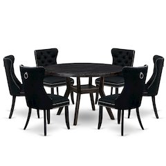 7-Piecemodern Dining Set Of A Wood Table, 6 Black Linen Fabric Modern Chair
