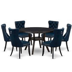 7 Piece Dining Table Set Contains 48" Round Table In Navy Blue Color