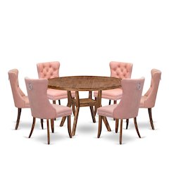 7-Pc Dining Room Set Consist A Dinner Table And 6 Beige Red Upholstered Chairs