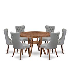 7-Pc Mid Century Dining Table Set Consist A Table And 6 Light Gray Padded Chairs