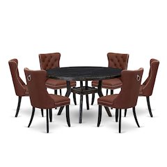 7 Piece Dining Table Set Contains 54" Round Table In Burgandy Color