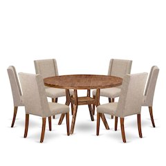 7-Piece Dinette Set Of A Wood Dining Table, 6 Light Tan Dining Room Chairs
