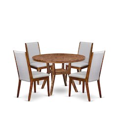 5-Pc Mid-Century Kitchen Set A Pedestal Table, 4 Grey Fabric Kitchen Chairs