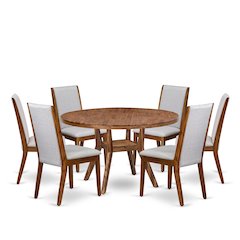 7-Pc Dining Set Of A Pedestal Dinner Table, 6 Grey Linen Fabric Padded Chairs