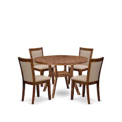 5-Pc Dining Set A Pedestal Dinner Table, 4 Light Tan Linen Fabric Kitchen Chairs
