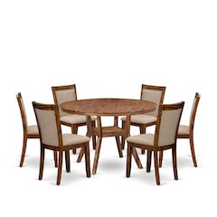 7-Pc Kitchen Set Of A Pedestal Breakfast Table, 6 Light Tan Fabric Padded Chairs