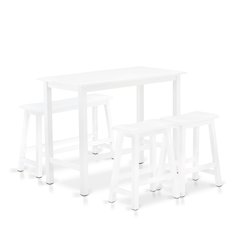 East West Furniture 4 Piece Mid Century Dining Set Contains a Dining Table, 2 Kitchen Stools with a Kitchen Bench - Wire Brushed Bright White Finish