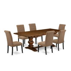 7-piece dining room table set with Chair’s Legs and Light Sable Linen Fabric