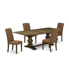East West Furniture LAEL5-77-18 5 Piece Dining Room Table Set Includes a Rectangle Removable Leaf Kitchen Table and 4 Brown Linen Linen Fabric Upholstered Chairs, 42x92 Inch, Jacobean