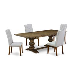 5-pc wood dining table set with Chair’s Legs and Modern Gray Linen Fabric