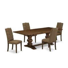 5-pieces dining table set with Chair’s Legs and Brown Beige Linen Fabric