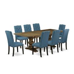 9-piece dining table set with Chair’s Legs and Mineral Blue Linen Fabric