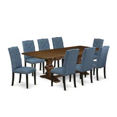 9-pc dining table set with Chair’s Legs and Mineral Blue Linen Fabric