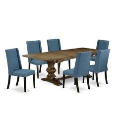 7-pc dining set with Chair’s Legs and Mineral Blue Linen Fabric