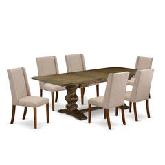 Lassale 7 Piece Dining Set Consist of a Rectangle Wooden Table with Butterfly Leaf and 6 Light Tan Linen Fabric Upholstered Chairs, 42x92 Inch, Jacobean