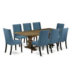 9-piece dining table set with Chair’s Legs and Mineral Blue Linen Fabric