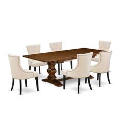 7 Piece Dining Room Set Consist of a Rectangle Wooden Table with Butterfly Leaf and 6 Light Beige Linen Fabric Parson Dining Chairs, 42x92 Inch, Walnut