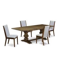 5-pc wood dining table set with Chair’s Legs and Modern Gray Linen Fabric