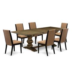 7-pc wood dining table set with Chair’s Legs and Light Sable Linen Fabric