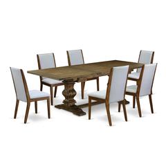 7-pc wooden dining table set with Chair’s Legs and Modern Gray Linen Fabric