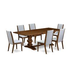 7-piece modern dining table set with Chair’s Legs and Modern Gray Linen Fabric
