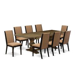 9 Piece Dining Room Set Includes a Rectangle Wooden Table with Removable Leaf and 8 Light Sable Linen Fabric Parson Dining Chairs, 42x92 Inch, Jacobean