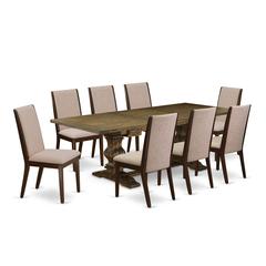 9 Piece Kitchen Table & Chairs Set Includes a Rectangle Dining Table with Removable Leaf and 8 Light Tan Linen Fabric Parson Chairs, 42x92 Inch, Jacobean