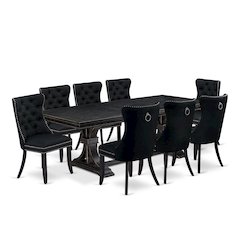 9 piece modern dining set of a dinner table and 8 Linen Fabric kitchen chairs