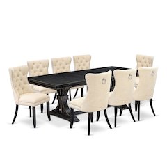 9 piece modern dining set of a rectangular table and 8 padded chairs