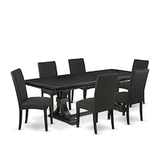 7 piece dining table set of a wooden table and 6 Linen Fabric dining chairs