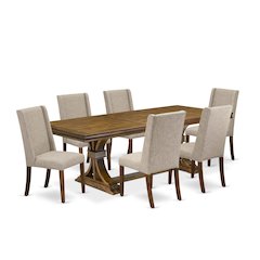 7 piece dining table set a wooden table and 6 Linen Fabric modern chairs