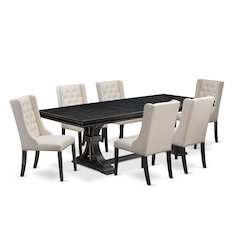7 piece dining table set of a wooden table and 6 Linen Fabric dining chairs