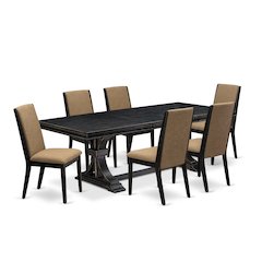 7 piece dining set of a wooden table 6 Linen Fabric dining chairs & black legs