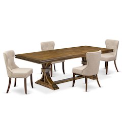 5 piece Dining Room Set of a Wood Table and 4 Linen Fabric Parson Dining Chairs